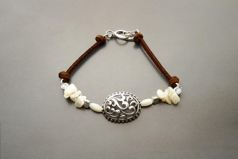 Baroque Brown Bracelet, Sterling Silver, Raw White Mother of Pearl Shell, Vintage Boho Stone Filigree jewelry, Leather Cord Bracelet