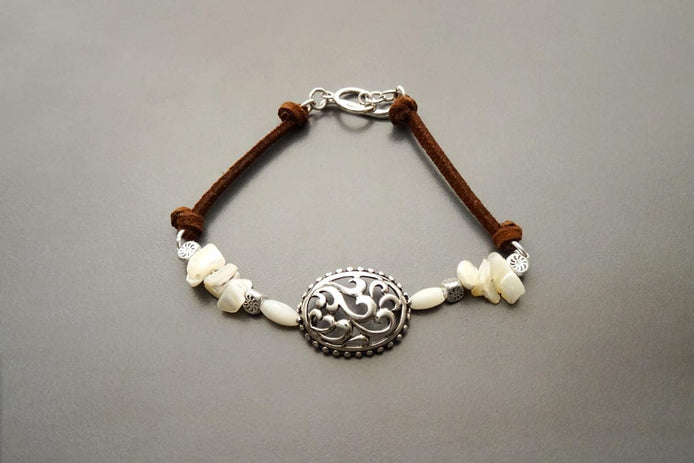 Baroque Brown Bracelet, Sterling Silver, Raw White Mother of Pearl Shell, Vintage Boho Stone Filigree jewelry, Leather Cord Bracelet
