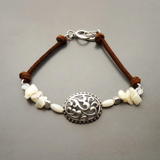 Baroque Brown Bracelet, Sterling Silver, Raw White Mother of Pearl Shell, Vintage Boho Stone Filigree jewelry, Leather Cord Bracelet