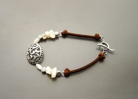 Baroque Brown Bracelet, Sterling Silver, Raw White Mother of Pearl Shell, Vintage Boho Stone Filigree jewelry, Leather Cord Bracelet