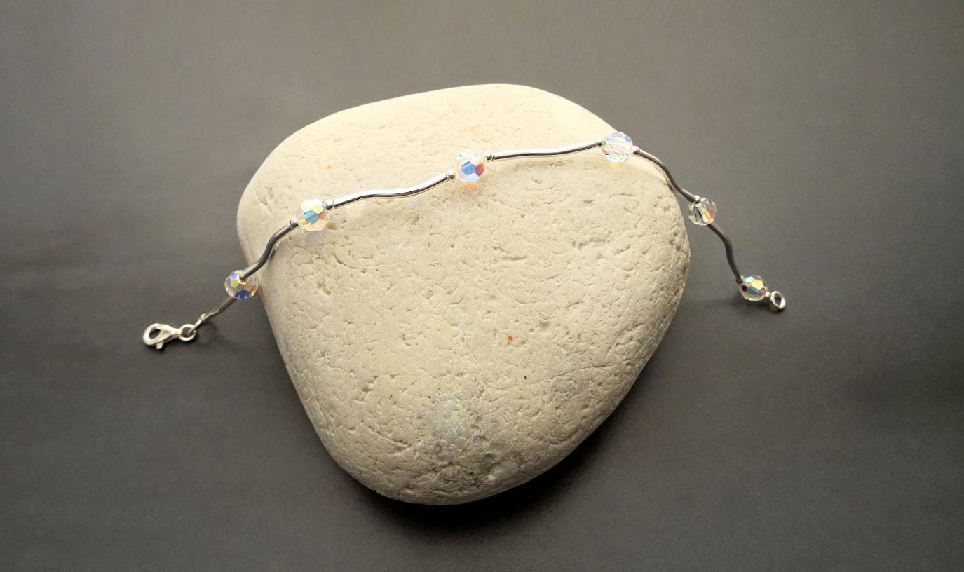 Crystal Balls Bracelet, Sterling Silver, White Clear Beaded Stone Bracelet, Modern Faceted Borealis Rainbow Crystal stones Beads