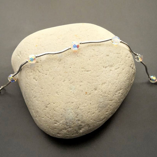 Crystal Balls Bracelet, Sterling Silver, White Clear Beaded Stone Bracelet, Modern Faceted Borealis Rainbow Crystal stones Beads