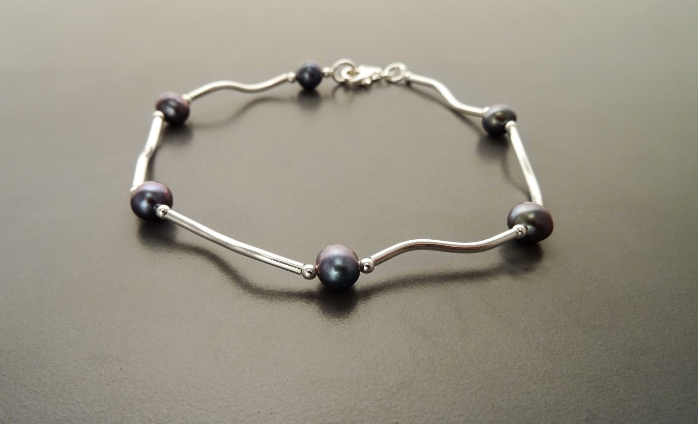 Tahitian Style Pearl Bracelet, Sterling Silver, Modern Jewelry