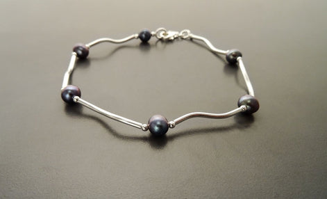 Tahitian Style Pearl Bracelet, Sterling Silver, Modern Jewelry