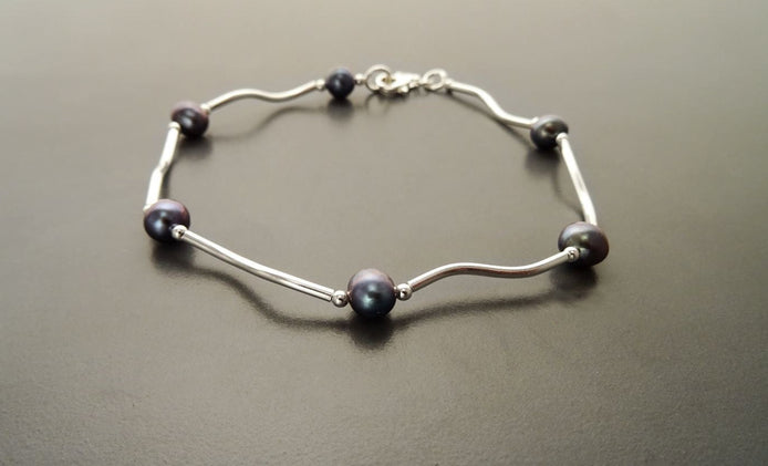 Tahitian Style Pearl Bracelet, Sterling Silver, Modern Jewelry