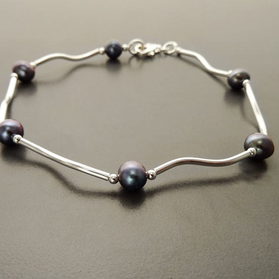 Tahitian Style Pearl Bracelet, Sterling Silver, Modern Jewelry