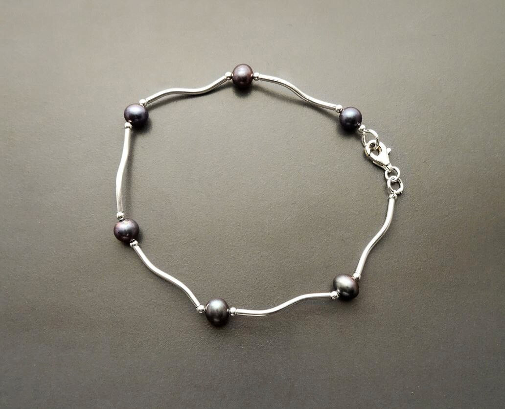 Tahitian Style Pearl Bracelet, Sterling Silver, Modern Jewelry