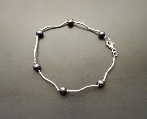 Tahitian Style Pearl Bracelet, Sterling Silver, Modern Jewelry