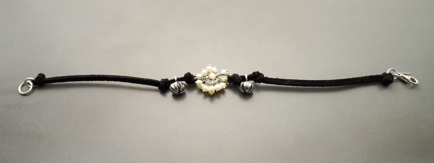 Boho Black Bracelet, Solid Sterling Silver Clasp and Parts, Black Leather with Natural White Fresh Water Pearls, Pearl Stone Jewelry Gift