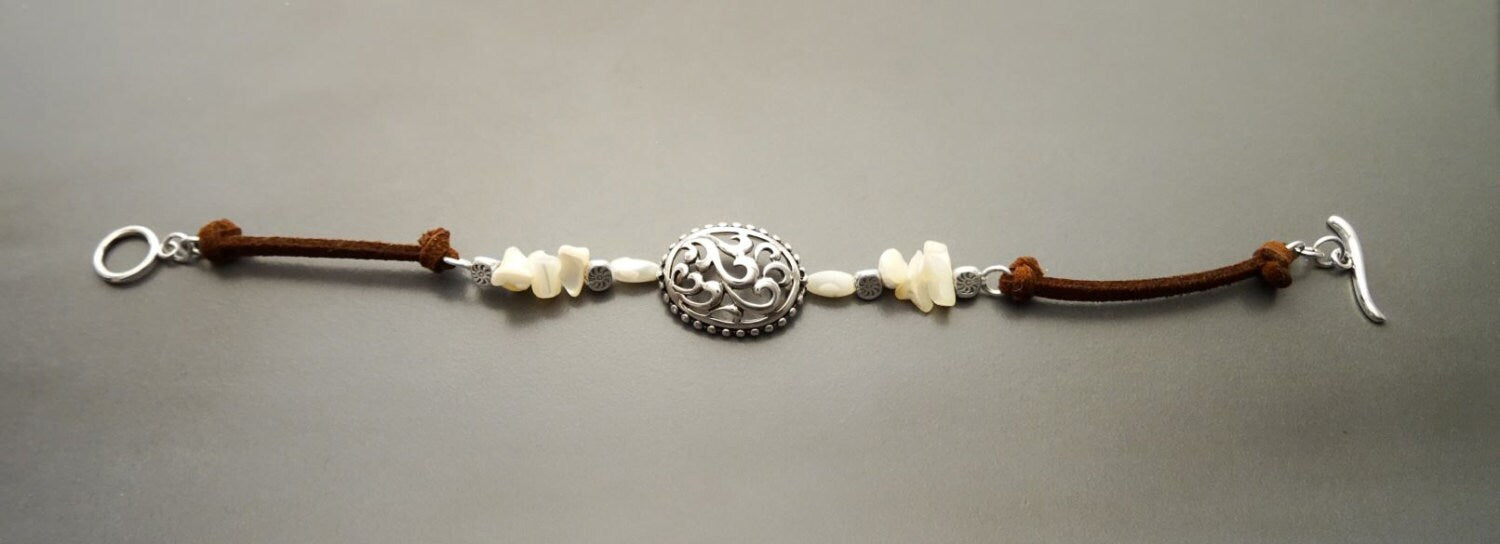 Baroque Brown Bracelet, Sterling Silver, Raw White Mother of Pearl Shell, Vintage Boho Stone Filigree jewelry, Leather Cord Bracelet