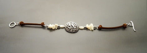 Baroque Brown Bracelet, Sterling Silver, Raw White Mother of Pearl Shell, Vintage Boho Stone Filigree jewelry, Leather Cord Bracelet