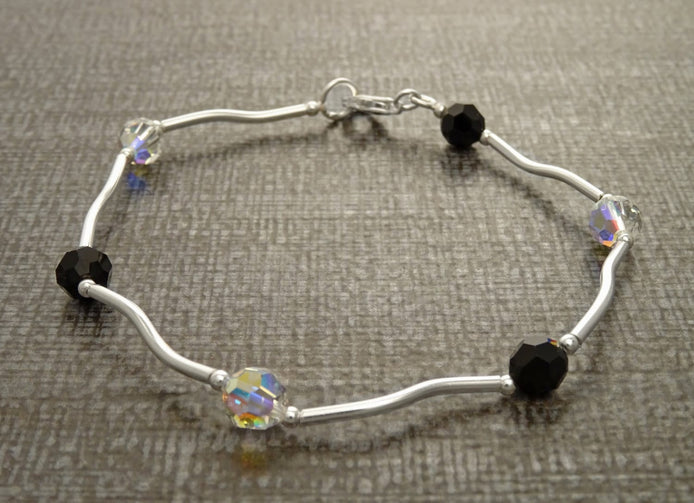 Black and White Bracelet, Sterling Silver, Minimalist Bracelet, Beaded Bracelet, Cristal Jewelry, Women