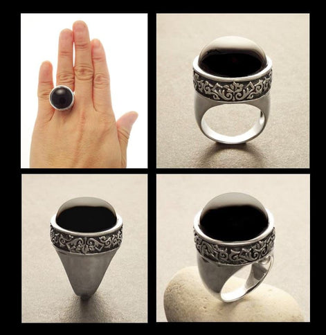 Onyx Ring, Sterling Silver, Signet Ring, Round Stone Black Onyx Gemstone, Gothic, Unisex Man and Woman Jewelry