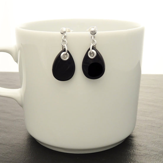 Black Onyx Drop Earrings • Sterling Silver • Teardrop Dangle Studs • Minimalist Gift for Her