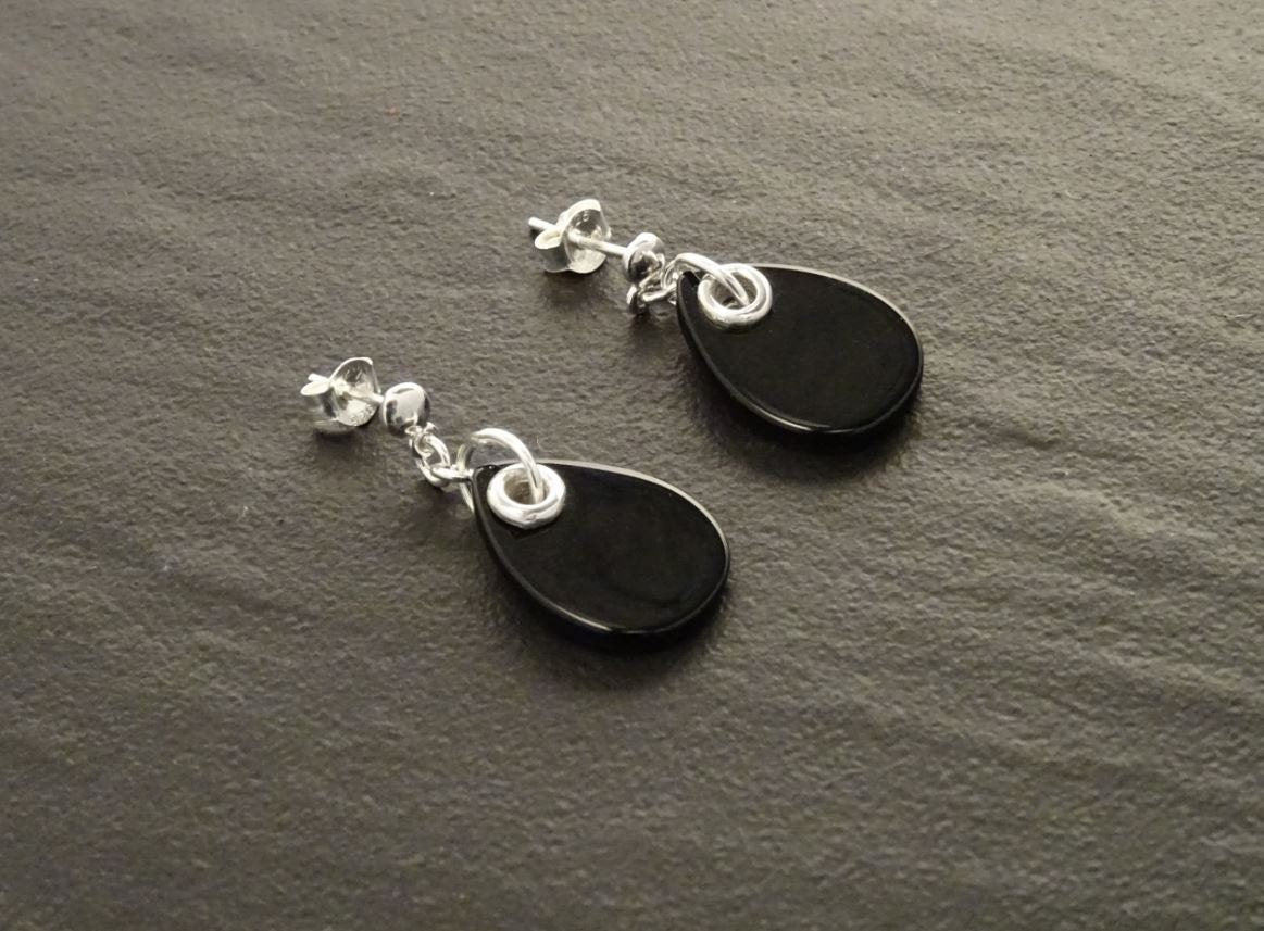 Black Onyx Drop Earrings • Sterling Silver • Teardrop Dangle Studs • Minimalist Gift for Her