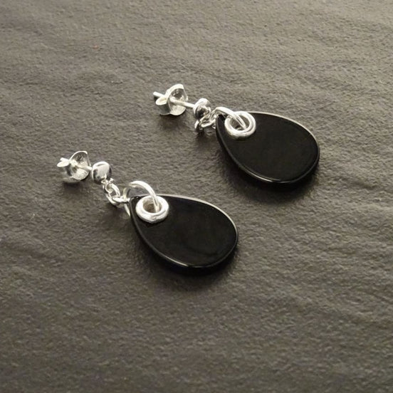 Black Onyx Drop Earrings • Sterling Silver • Teardrop Dangle Studs • Minimalist Gift for Her