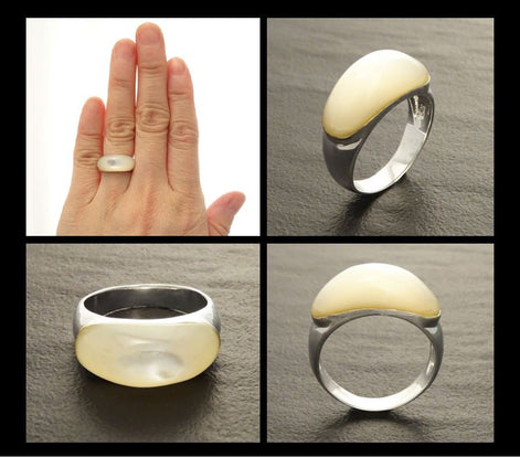 White Stone Ring, Sterling Silver, Mother of Pearl Shell, Domed Stone Ring, Dome Ring, Horizontal Ring, Woman Modern Jewelry