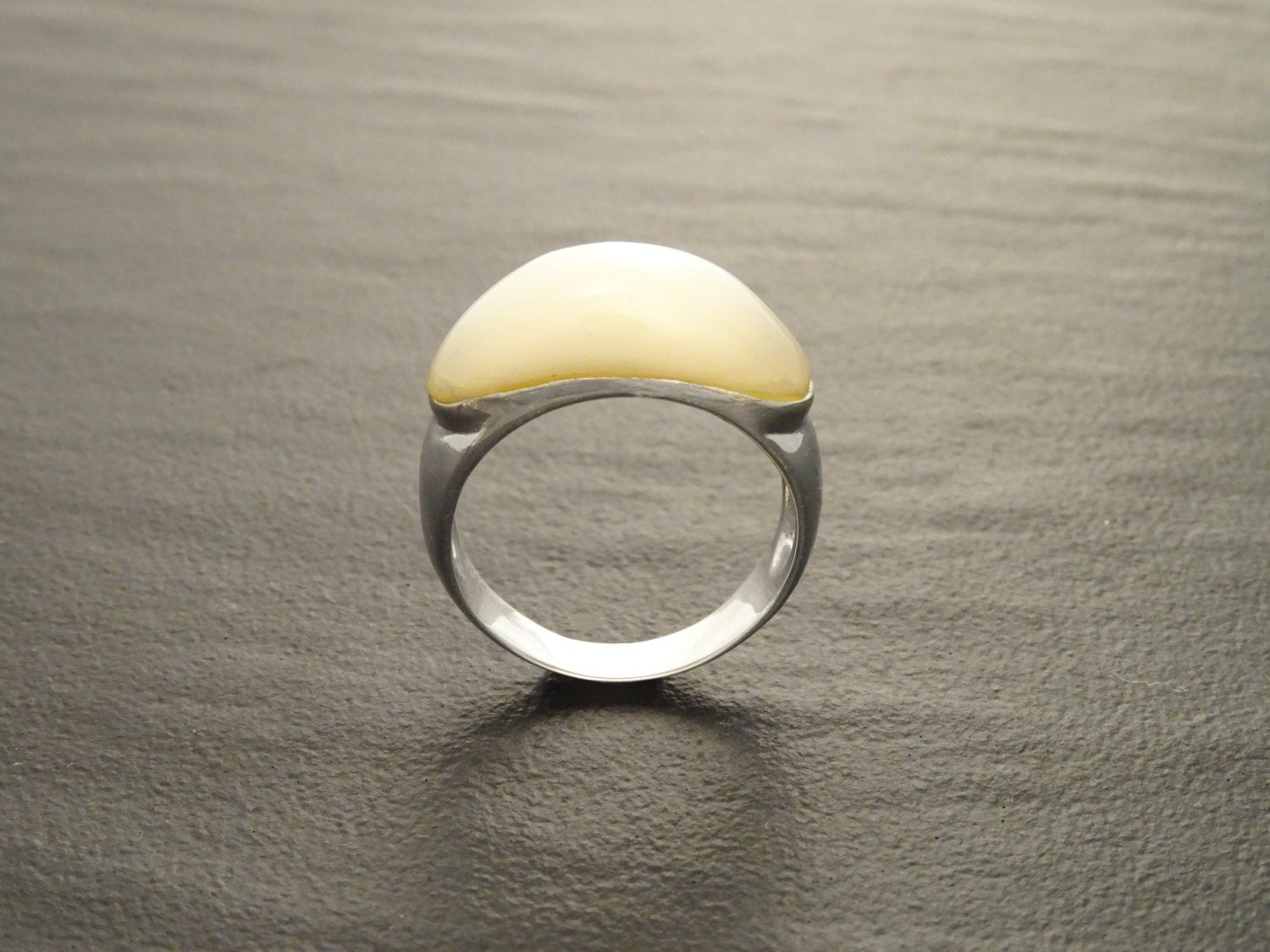 White Stone Ring, Sterling Silver, Mother of Pearl Shell, Domed Stone Ring, Dome Ring, Horizontal Ring, Woman Modern Jewelry