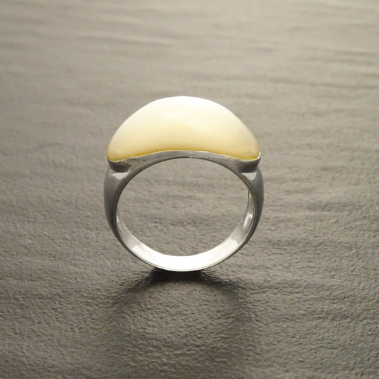 White Stone Ring, Sterling Silver, Mother of Pearl Shell, Domed Stone Ring, Dome Ring, Horizontal Ring, Woman Modern Jewelry