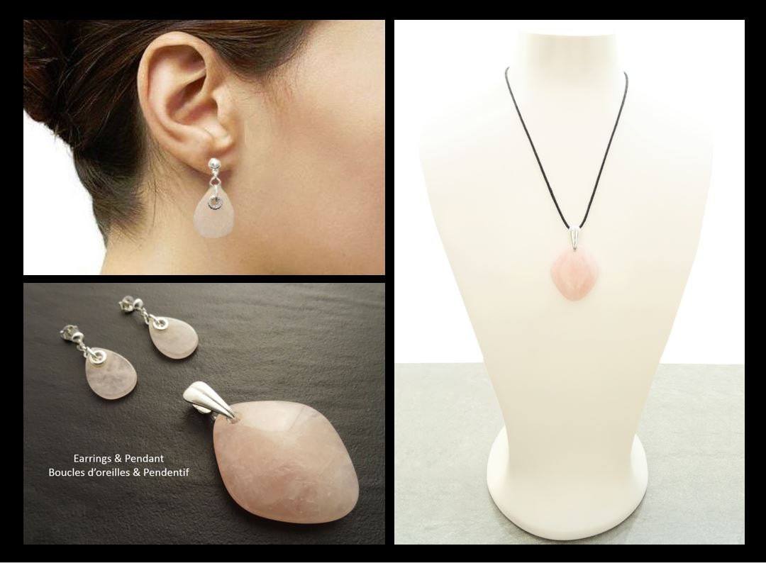 Un ensemble de boucles d'oreilles et d'un pendentif en quartz rose. Les boucles d'oreilles sont en forme de goutte et le pendentif est une goutte plus arrondie et plus grande. Les trois pièces sont en argent.