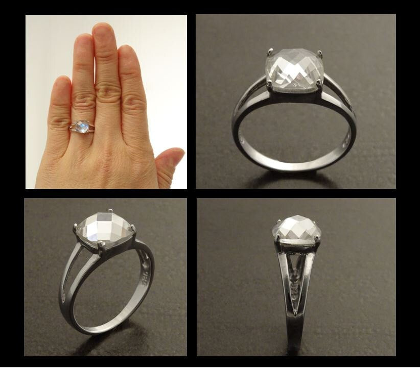 Square Solitaire Ring wore on a hand Sterling Silver Band
