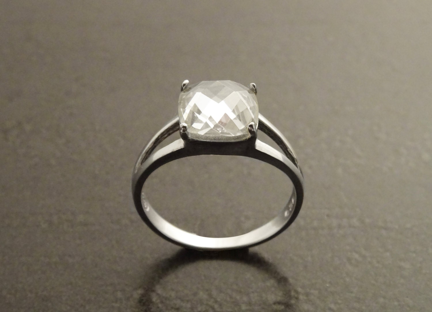 Square Solitaire Ring Sterling Silver, Stone (CZ) Band, Modern Jewelry