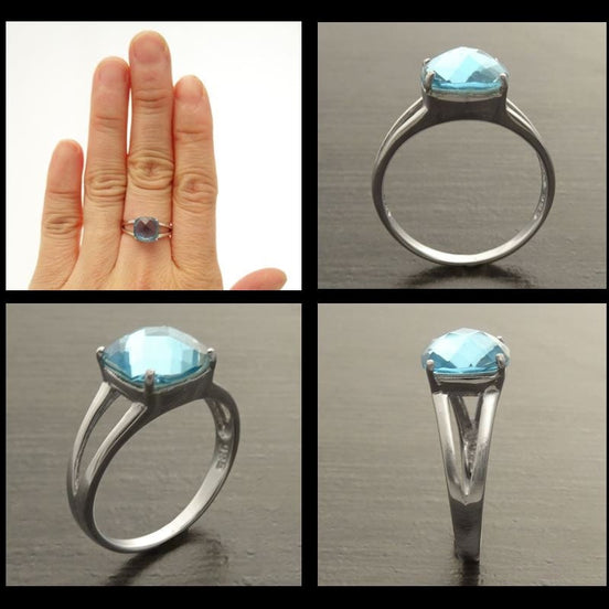 Blue Square Ring, Sterling Silver, Lab Blue Aquamarine simulant Stone (CZ) Ring, Modern Square Stones Ring, Engagement Solitaire Jewelry