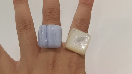 White Square Ring, Sterling Silver, Natural Mother of Pearl Shell, Designer Geometrical Foursquare Stone Jewelry, Statement Minimalist Ring