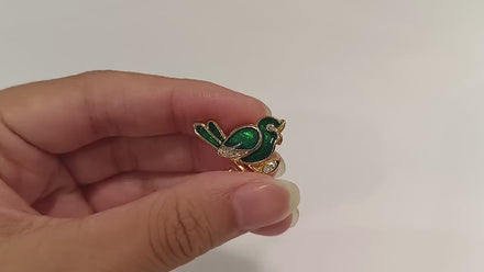 Green Enamel Sparrow Pin • Gilding Gold Bird Brooch