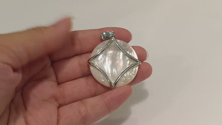 White Round Pendant, Sterling Silver, Genuine White Mother of Pearl Shell, Minimalist Modern Geometric Stone Necklace, Statement jewelry