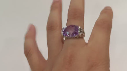 Ring 925 Sterling Silver Butterflies, Horizontal  Band, Pink Lilac Amethyst Color Lab Stone (CZ) , Butterfly Ring, XL size