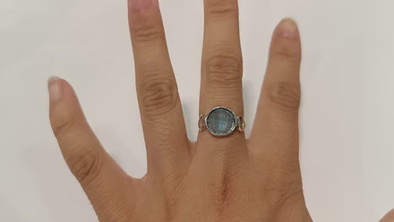 Blue Round Ring, Sterling Silver, Blue Aquamarine Color Stone (CZ), Faceted Round Cushion, Modern Ring, Unusual Original Setting,