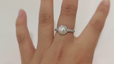 Halo Pearl Ring, Sterling Silver 925, Zirconia Accents