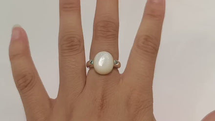 Oval White Ring, Sterling Silver, Mother of Pearl Shell, Modern Minimalist Stone Jewelry, Original Design Setting