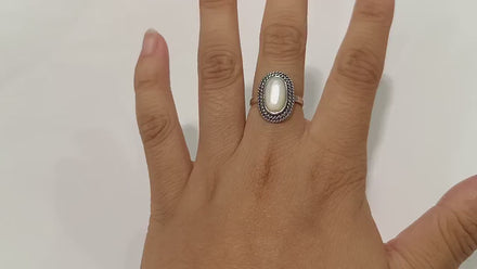 Sterling Silver Mother of Pearl Ring, Oval Boho Rope Border Jewelry