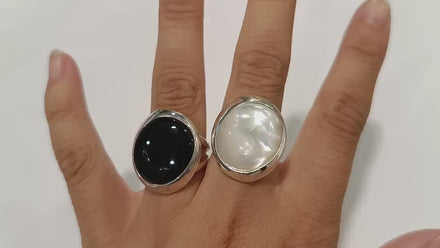 Black stone Ring, Sterling Silver, Genuine Black Onyx gemstone, unique modern shape design jewelry