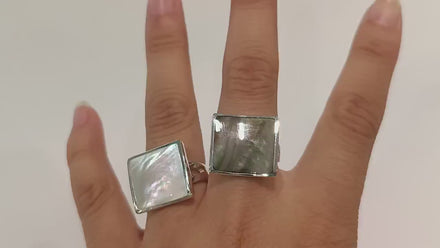 Square Ring, Sterling Silver, Curved Square Stone Ring, Genuine Grey Paua Shell jewelry, Modern Geometric Ring, Rainbow Color, Gray