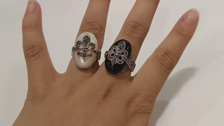 Fleur de Lys Ring, Silver 925, Marcasite Ring, Real Black Onyx, French Vintage Jewelry, Lis Petals Symbol of Purity, Innocence and Virginity