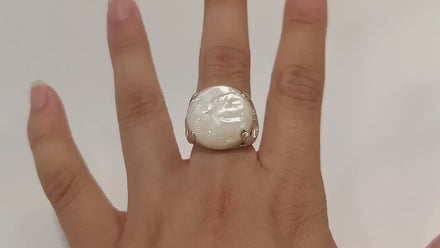 Modern Shell Ring, Sterling Silver, GENUINE Round White Mother of Pearl, Unique Designer Ring, Pearl Jewelry, Original Stone Ring
