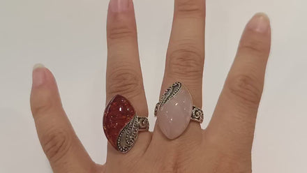 Antique Quartz Ring, Sterling Silver, NATURAL Rose Quartz, Pink Stone, Filigree Design, Almond Oval Ring, Quartz Birthstone Jewelry