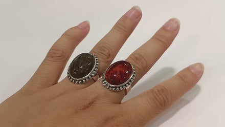 Amber ring, sterling silver made, oval stone, Genuine oval fossil gemstone, antique jewelry, natural baltic cognac brown orange color