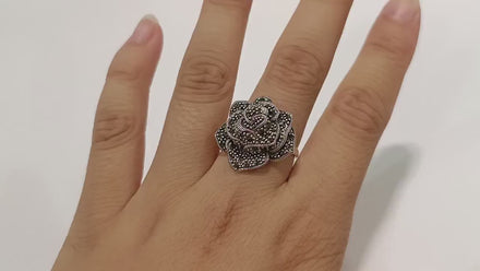 Vintage Rose Ring, Sterling Silver, Natural Marcasite Gray Stones Jewelry, Vintage Romantic Rose Flower Blossom, Bold Antique Design Gift