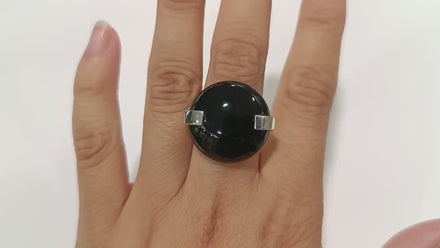 Round Black Ring, Sterling Silver, Statement Onyx Disc Gemstone, Modern Minimalist Jewelry, Domeded Round Stone Ring, Unique Designer Ring