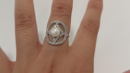 Halo Pearl Ring, Sterling Silver, Round Pearl Jewelry, genuine white shell pearl, star design setting sparkling Cz stones ring, woman gift