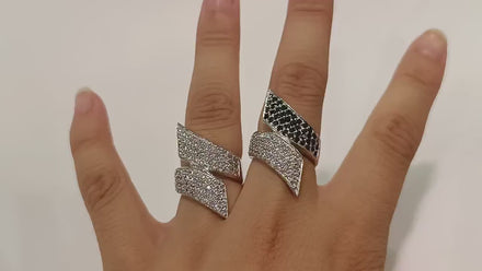 Sterling Silver Bypass Ring, Pave White CZ Stones, Bold Statement Band
