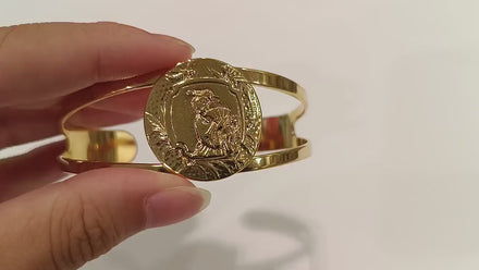 Japanese Art Deco Cuff Bracelet • 18K Gold Plated Open Bangle with Intricate Oriental Patterns Jewelry • Asian Antique Inspired Gift for Her
