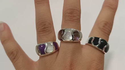 Beautiful MOP Wave Ring, Two Colors Shell Band Ring, Silver Ring, 925 Sterling Silver, Large Ring, Domed Silver Ring, Mother of Pearl.
