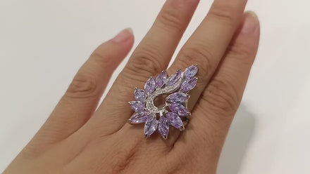 Purple Stone Ring, Sterling Silver,  Light Violet Lavender Color Stones Flower, Jewelry, Antique Vintage Style Armor Ring, Women Bold Ring