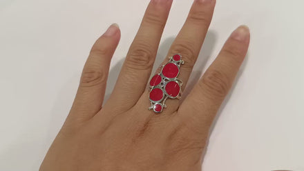 925 Modern Red Stone Ring, Sterling Silver Geometric jewelry, Circular Design Round Forms Ring.