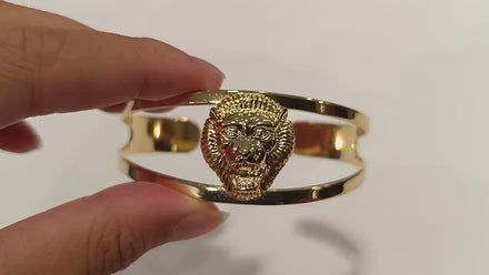 Gold Lion Head Cuff Bracelet • 18K Gold Plated Bangle • Fierce King of the Jungle Powerful Symbol of Power & Strength Jewelry • Women Gift